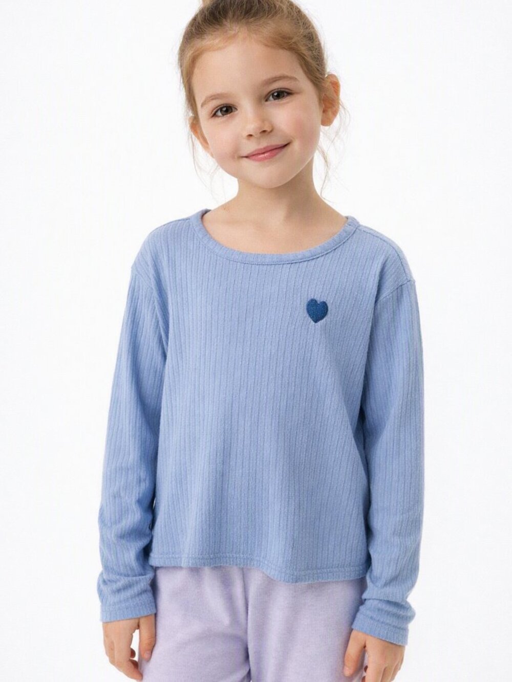 Wonder Nation Pajama Top Girls Light Blue Ribbed Long Sleeve Heart Medium 7/8